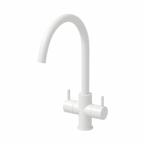 Lussena® Vezio Kitchen Sink Mixer Tap Twin Dual Lever Handles Swan Neck Swivel Spout Brass Body for Sinks Taps Faucet Modern Round, Matt White