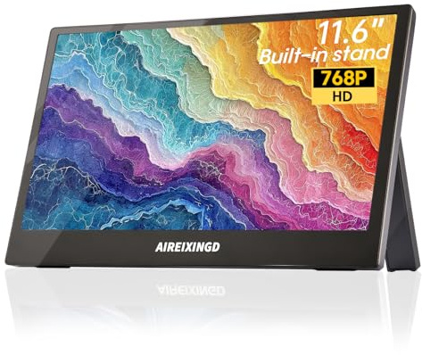 AIREIIXNGD 11.6 Portable Monitor 1366x768 TN Weighs 400g Travel Display | Weighs 400g Lightweight Second Screen with Built-in Stand & Speakers, HDMI for Laptop, PC, Phone