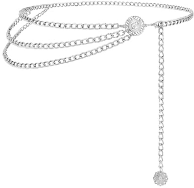 Chain Belt for Women Fashion Multilayer Metal Waist Chain Dress Belt Adjustable,silver,S
