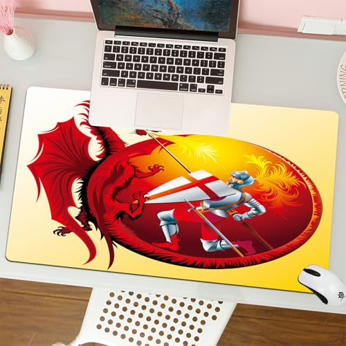QRFASFZO Mouse Pad 31.5 × 12 inch Extended Large Mouse Mat Desk Pad, Stitched Edges Mousepad,Non-Slip Rubber Base,Legendary battle scene, a sinister red dragon with shield and kni,Gaming Mouse Pad XL