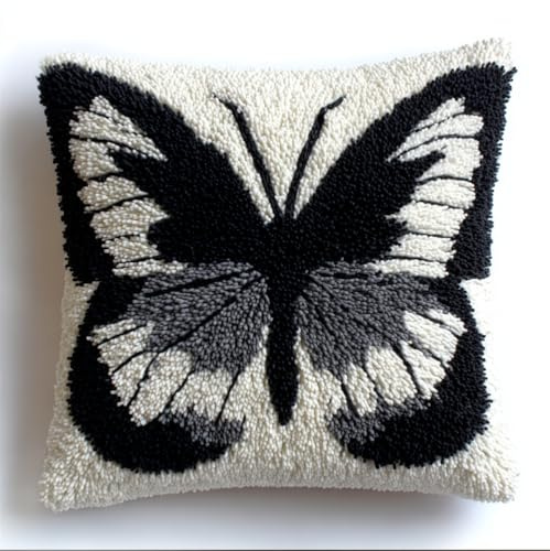 Taxpy Nüpfkissen Set,Schwarz-Weißer Schmetterling Knüpfkissen Set Für Anfänger Erwachsene Oder Zum Selber Knüpfen,Diy Knüpfteppich Knüpfpackung,43X43Cm