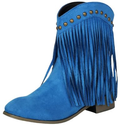 Generiska västerländska stövlar dam cowgirl cowboystövlar mocka stövlar låg klack ankelstövlar med fransar damstövlar nitar korta stövlar bekväma slip-stövlar eleganta halvstövlar, blå, 35 EU