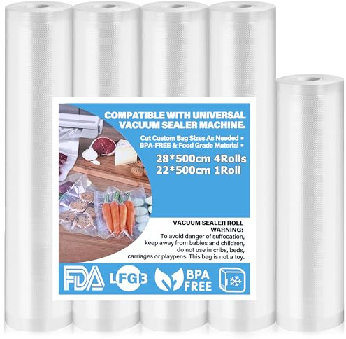 YooQuick Vakuumierbeutel 5 Rollen 28|22x500cm Profi Vakuumierfolie