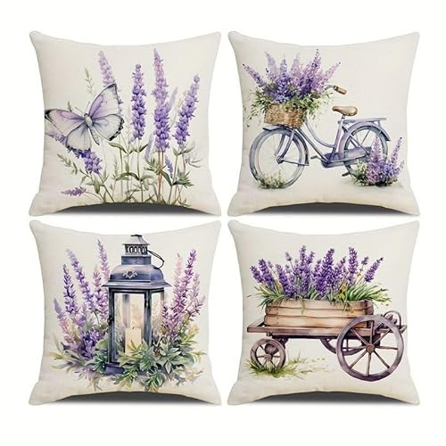Hopomoon Purple Lavender Cushion Covers 45 x 45 cm Set of 4,Purple Floral Butterfly Bicycle Lantern Wagon White Linen Decorative Pillowcases,Spring Summer Home Farmhouse Decor for Sofa Couch Bed
