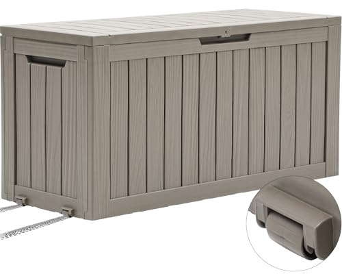 YITAHOME Caja de almacenamiento para exteriores con ruedas, caja de plástico de 270 L, baúl de jardín impermeable para cojines, herramientas y suministros de piscina, con cerradura, veta de madera