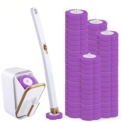 Kisizity Disposable Toilet Brush with 60 Refills, Purple Toilet Wand Kit | with Long Handle and Wall Mounted Storage Caddy | Sudsy Cleaning System Kit for Wash Basin Bathroom and Bathtub Sink