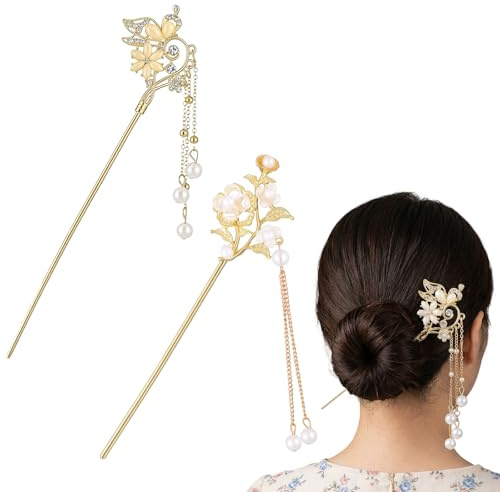 Thinp 2 Pcs Chinese Hair Sticks with Tassel Pendants, Pearl Flower Gold Metal Chopsticks for Hair-Retro Chinese Hanfu Asian Flower Tassel Dangle Hair Stick Pins for Women