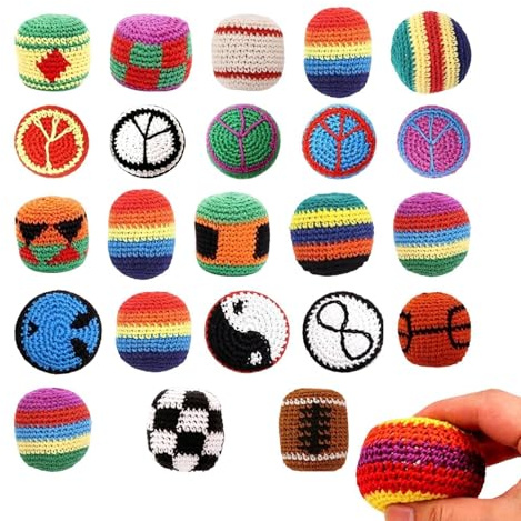 24Pcs Knitted Footbag Set, Colorful Crochet Kick Balls, Juggling Toss Bags with Multicolored Geometric Pattern, Assorted Footbag Crochet Hacky Ball for Kids, Adults, Balance, and Coordination Training