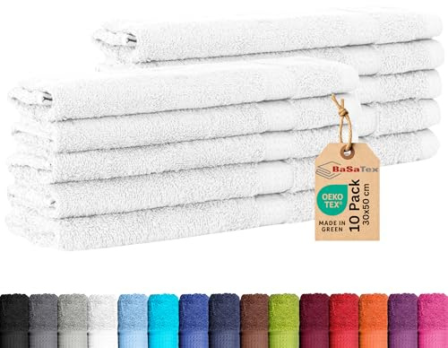 BaSaTex 10er Pack Handtuch Set Gästetuch Handtücher Waschtücher Baumwolle | Frottee-Handtücher mit Aufhängeschlaufe, Waschtücher Gästetuch Öko-Tex Made, Weiß, Frottee, Öko-Tex, Made in Green