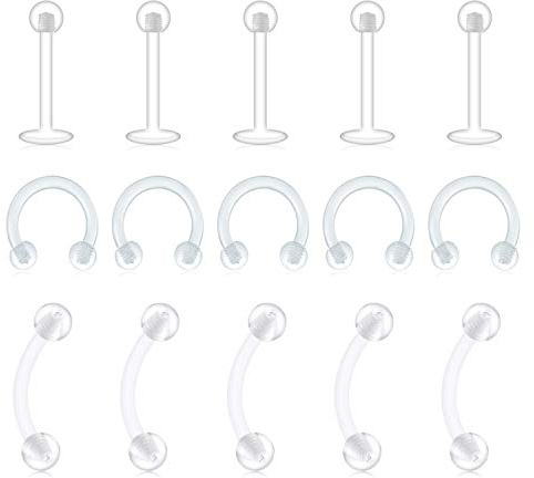 Incaton 16 Gauge Nasenpiercing Nasenstecker Hufeisen Lippenpiercing Augenbraunpiercing Bioflex Flexibler Piercing Set, 15stk