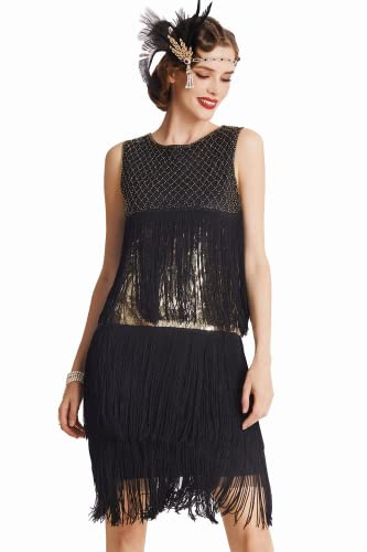 BABEYOBND Robe de Flapper 1920s pour Femme Robe Perlée et Frangée de Soirée Robe Vintage du Style Gatsby Robe Art Déci sans Manche pour Fête et Bal Or Noir XXL