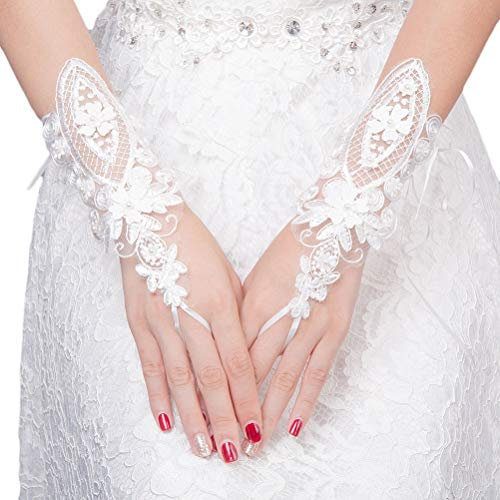 OKWIN Womens White Lace lange fingerlose Braut Handschuhe Strass süchtig Hochzeit Zubehör Handschuhe