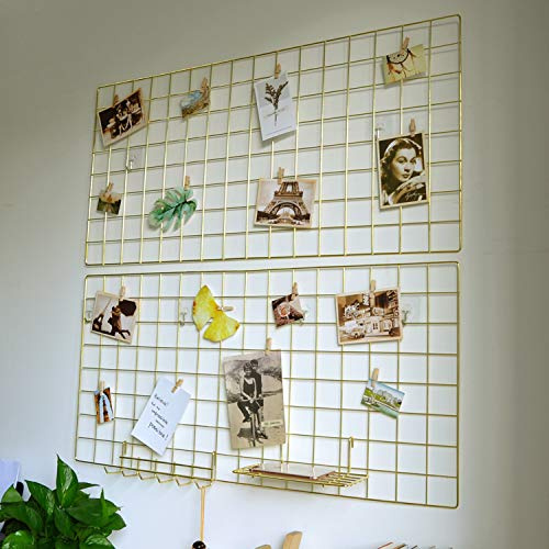 Yash Metal Wire Grid Panel, Display Organizer, Postcard, Wall Artwork Display for Home Office Living Room Dorm Room, Kitchen Storage Grid Wall, 37.4 X 17.7, Pack of 2 Pcs, Gold
