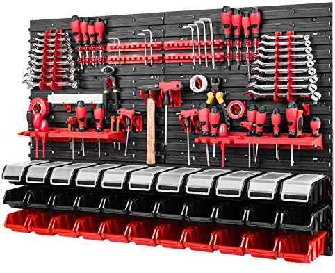 Werkzeugwand - 1152 x 780 mm - Lagersystem SET Lochwand mit Werkzeughaltern und Stapelboxen mit Deckel - Wandregal Werkstattregal Schüttenregal Sichtlagerkästen (Schwarz/Rot)