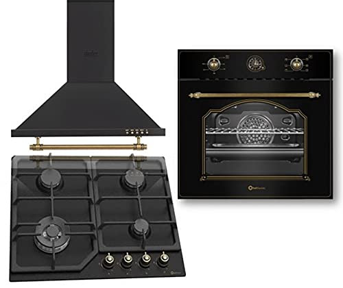SOLTHERMIC CONJUNTO ENCIMERA GAS 4 FUEGOS + HORNO ELECTRICO 64 L. + CAMPANA EXTRACTORA/ESTILO RUSTICO NEGRO CON MANDOS DORADOS/ANCHO 60 CMS