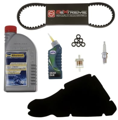 2EXTREME Inspektionsset groß 50 ccm 2T kompatibel mit Piaggio NRG, TPH, NTT | Set mit Motor- und Getriebeöl, Zündkerze B9ES, Benzinfilter, Luftfilter, Keilriemen; kompatibel mit Gilera Typhoon 94-09