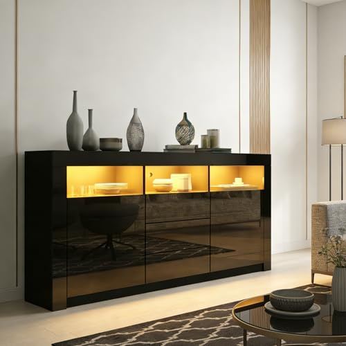 BESTWANTED Black High Gloss Sideboard Cabinet with LED Lights for Living Room, Modern Storage Furniture with 2 Doors 3 Drawers, 160 x 35 x 72cm