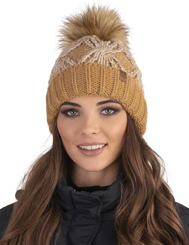 VIVISENCE Damen Mütze Bommel Warm Fleece Gefüttert Antistatisch Strick 7029