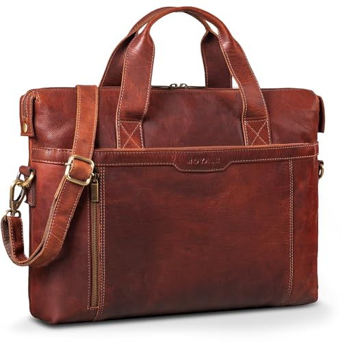 ROYALZ 'Seattle' Moderne Ledertasche Herren aus Echtleder groß - ideal als Business Aktentasche flache Laptoptasche 14-15.6 Zoll zum Reisen mit Trolley Halter;Farbe:Roma Cognac Braun