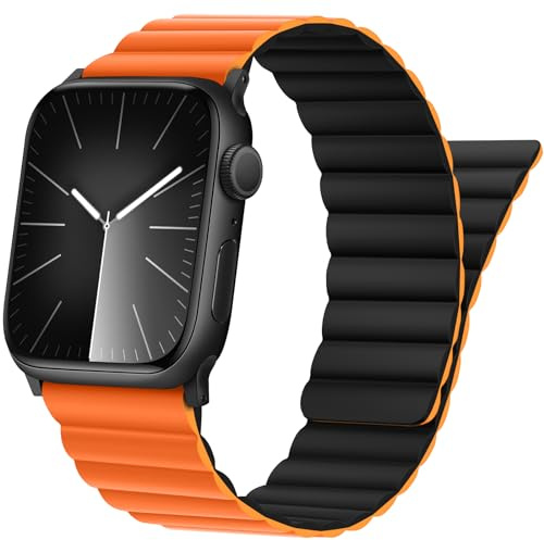 Tasikar Magnetic Straps Compatible with Apple Watch Strap 49mm 46mm 45mm 44mm 42mm Ultra 3 2 1 Series 11 10 9 8 7 6 5 4 3 2 1 SE, Silicone Band with Magnetic Closure for Men Women (Orange-Black)
