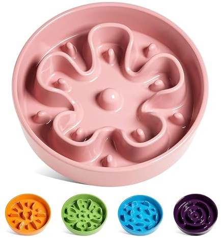 LE TAUCI Långsam matare hundskålar keramik, 3 koppar långsam matning hundskål medium stor ras, husdjursskål för snabbätare, pussel husdjursrätt, rosa blomma