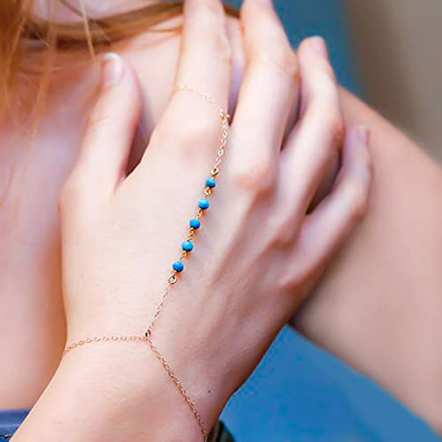 TseenYi Boho Perlen Fingerring Armband Türkis Perlen Handketten Handgeschirr Kette Strand Hochzeit Schmuck für Frauen und Mädchen (Gold 1 Stück)