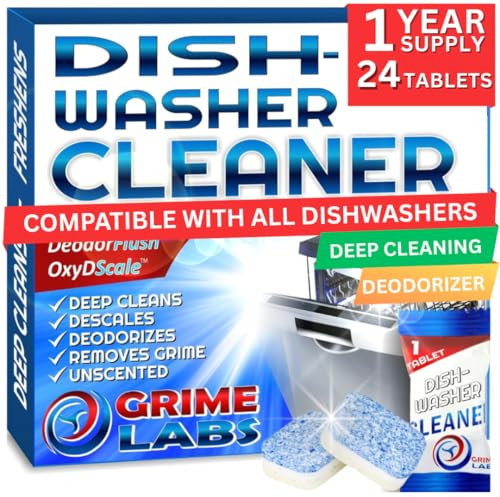 GRIME LABS Lot de 24 pastilles détartrantes pour lave-vaisselle - Nettoyage en profondeur et détartrant naturel - Compatible avec les nettoyeurs de lave-vaisselle - 12 mois d'approvisionnement