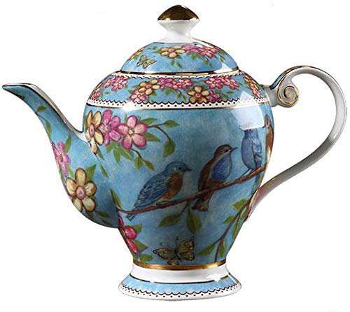 BEZAX Bone China Teekanne, 34 Unzen Keramik Kaffeekanne, Vögel und Bäume Muster (Blau)