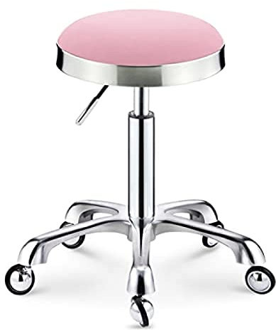 DECOTE Robuster, höhenverstellbarer Werkstatthocker, runder Rollhocker, drehbarer Salon-Friseur-Make-up-Hocker mit Rädern, rosa