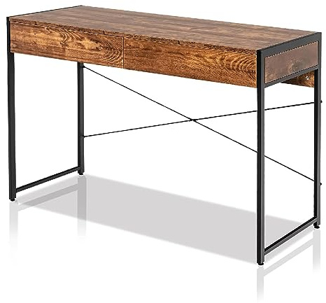 SFAREST Computer Desk, Wooden Writing Table with Drawers and Adjustable Foot Pads, Industrial Metal Frame PC Laptop Desk for Home Office (Rustic Brown, 112 x 48 x 76cm)