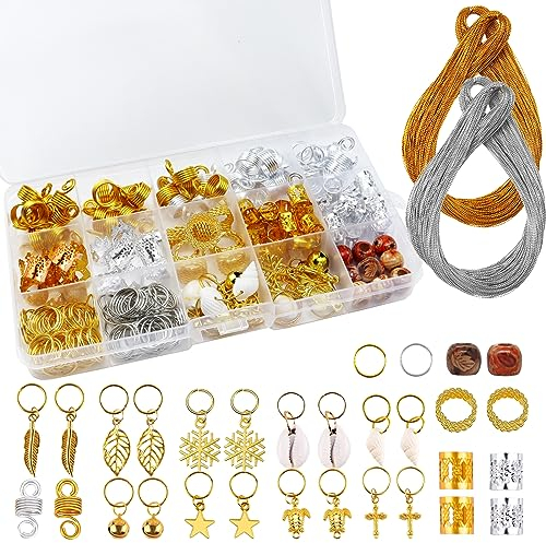 Dreadlock Schmuck, 230 Stück Braids Schmuck, Metall Cuffs Haare Verstellbar, Dreadlocks Schmuck Haarspiralen Clips, Haarringe für Zöpfe Dekorationen, Mit 200m Metallschnur und Aufbewahrungsbox