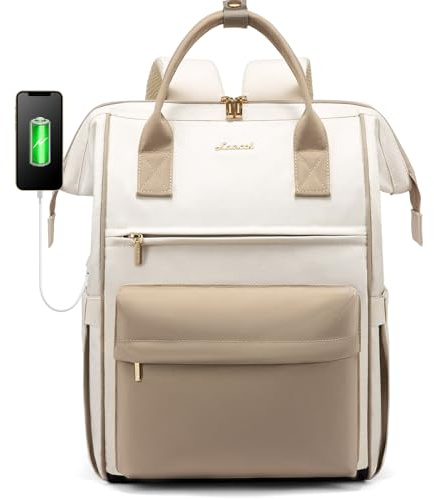 LOVEVOOK Rucksack Damen, 17 Zoll Laptop Arbeitstasche Reiserucksack Schulrucksack Groß, Wasserdichter Daypacks Schultasche Lehrertasche Backpack Women Elegant für Arbeit Reise Schule Uni Büro, Beige
