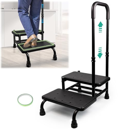 Gyykzz Marchepied à 2 marches avec poignée et plateforme antidérapante, marchepied médical avec rampe réglable pour adultes, personnes âgées et handicapés, échelle multifonctionnelle robuste pouvant