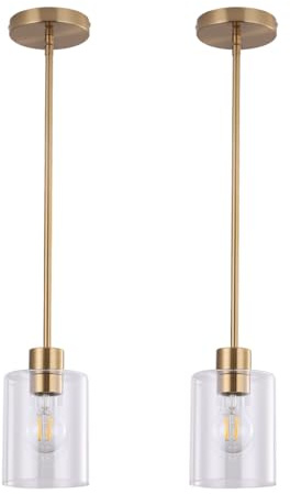 KLSS Brass Pendant Lights Kitchen Island,Modern Farmhouse Clear Glass Pendant Light,Gold Light Fixture Kitchen Pendant Mini Hanging Light Fixture for Sink (Brass 2 Pack stem Rod)