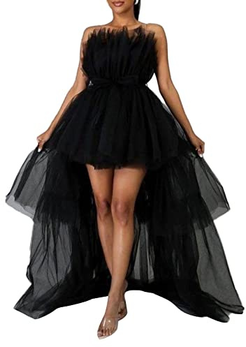 FeMereina Women's High Low Tulle Dress,Off Shoulder Strapless Asymmetrical Cocktail Party Tutu Dress Prom Gown (Black, L)
