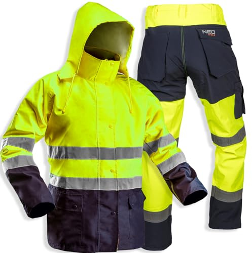 NEO TOOLS Herr vattentätt arbete varningsskyddsjacka med reflektionsremsor gul eller set med vattentäta byxor, storlek S (48)-3XL (60) arbetsjacka av slitstarkt 300D-oxfordtyg, Neongul set med byxor,