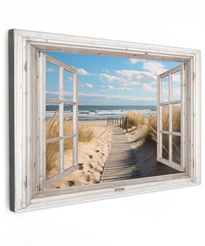 MuchoWow Cuadro En Lienzo - Ventana - Mar - Costa - Naturaleza - vista - Playa - Mar de Wadden - Cuadros Decoracion Salon Modernos 120x80 cm