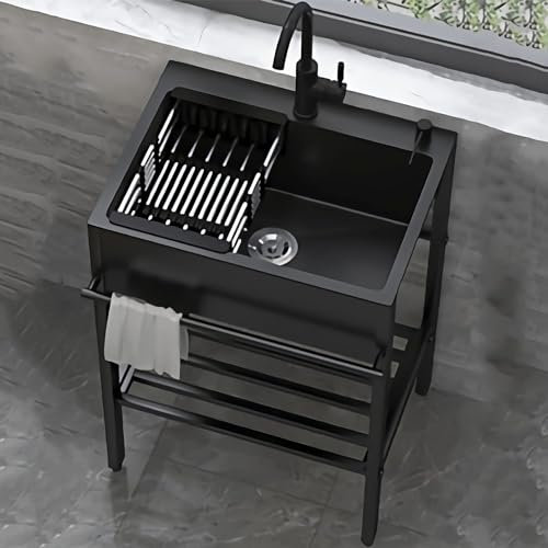 Atkits Portable Sink Unit No Plumbing Free Standing Stainless Utility Sink Laundry Sink, Black Single Bowl Kitchen Sinks Handwashing Station,60x45 cm