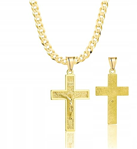 AMAR Panzerkette vergoldet 925 585 Silber mit Kreuzanhänger – Halskette Gold Silber Herren Damen 3,8 mm breit – religiöse Kette Kreuz Schmuck Geschenk Taufe Kommunion Konfirmation hochwertig 70 cm