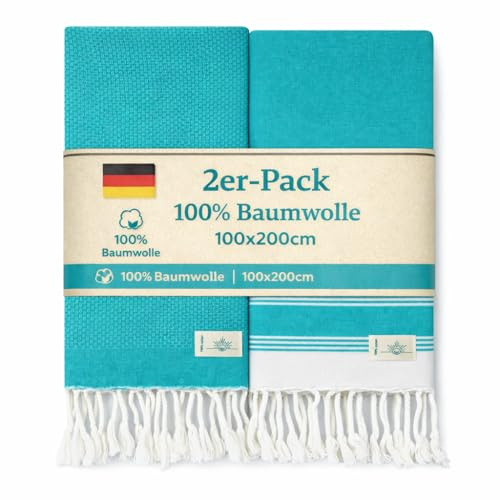 NOUR Telo mare per hammam, confezione da 2 pezzi, grande, 100 x 200 cm, in 100% cotone, coperta da picnic, asciugamano da sauna, extra leggero, assorbente, ad asciugatura rapida, senza sabbia (blu