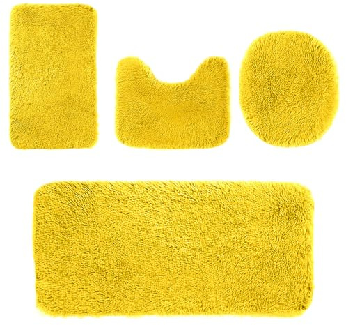 Bathroom Rugs Sets 4 Piece With U-Shaped Contour Toilet Mat, Lid Cover, Soft Absorbent Bath Mats Non-Slip Bathroom Mat For Bathroom, Bathtub, Toilet, And Sink (Yellow)