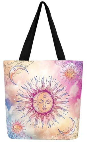 Sonne Und Mond Tote Bag, Sterne Constellation Galaxy Schulter Handtasche Mit Tasche, Rosa Boho Hippie Himmlische Astrologie Wiederverwendbare Tasche Zum Einkaufen, Lebensmittel, Gym, Geschenke