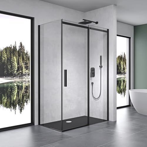 Mai & Mai Paroi de douche cabine de douche 90x120 Noir avec porte de douche coulissante montage à gauche ou droite verre trempé transparent RAV18