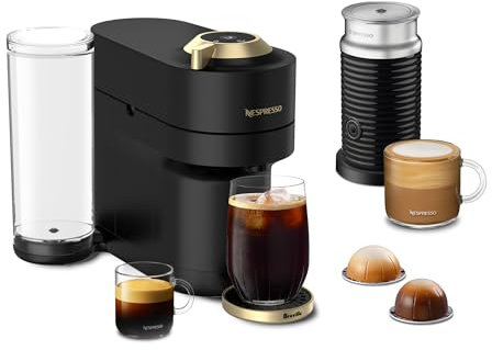 Nespresso Vertuo Pop+ Deluxe Coffee Machine with Frother, Matte Black Gold