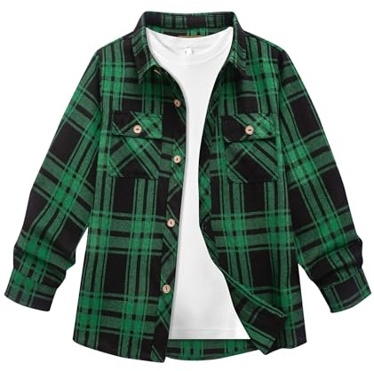 SwissWell Camisa a Cuadros Niños de Manga Larga Camisa de Franela para Niños Otoño Camisa Clásica con Botones Cuadros Ropa Verde L