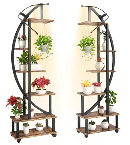 Rosnek 6 Ebenen Blumenständer 165cm mit Pflanzenleuchte, Großes Metall Holz Pflanzenregal in Halbmondform, Abnehmbare Räder, Dekoratives Schwarz Blumenregal für Innen & Außen Fensterbank Wohnzimmer