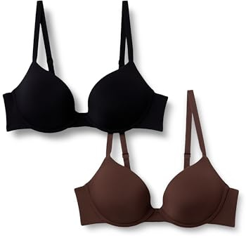 Amazon Essentials Reggiseno Push-Up con Scollo Profondo Foderato in Microfibra Donna, Pacco da 2, Nero/Nocciola, 1A