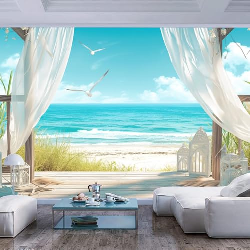 3D Effekt Fototapete Fenster Blau Meer Möwe Strand Dekorfolie Wandtapete Aufkleber Wandverkleidung Folie für Whon Schlafzimmer Wand und Möbel