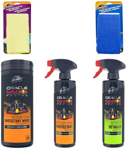 Armor All Kit Limpieza Interior Coche, Pack 5 Productos con Tecnología Cerámica, Toallitas XL, Spray Limpiador, Detallador Mate, Paño Microfibra y Cristales, Limpia Tapicerías y Salpicadero