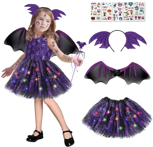 Gozuein Deguisement Chauve Souris Fille Carnaval – Costume 5 Pièces avec Jupe Tutu LED Lumineux, Ailes, Baguette, Serre-Tête et tatouage enfant, 3 – 8 Ans Idéal pour Carnaval, Cosplay (Violet)